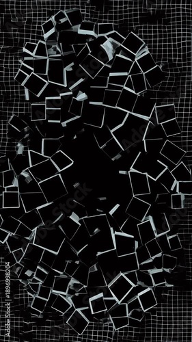 Wallpaper Mural Broken Pixel Mesh Slowly Fading on Black Background – Digital Fragmentation, Abstract Decay, and Subtle Glitch Motion Effect Torontodigital.ca