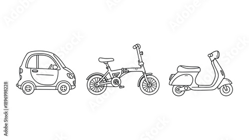 Urban Transportation Trio: A sleek, modern car, a versatile bicycle, and a stylish scooter stand side by side, showcasing a variety of urban transportation options.