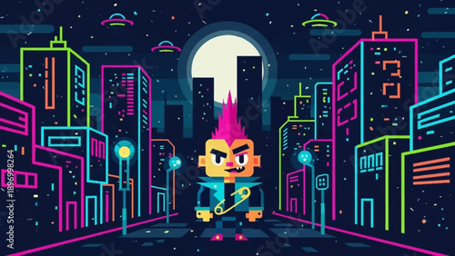 Cartoon Character Playing Electric Guitar in City.