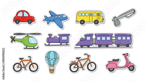 Transportation Collection: A delightful collection of various vehicles, including a car, airplane, bus, helicopter, train, bicycle, scooter, and hot air balloon.