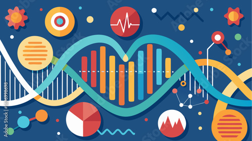 Flat design illustration of DNA strand forming a heart shape surrounded by graphs, charts, molecules and medical symbols on a dark background