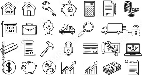 Black and White Line Art Icons Set for Real Estate, Business, and Finance - Collection of Outline Vector Symbols including House, Money, Tools, and Documents