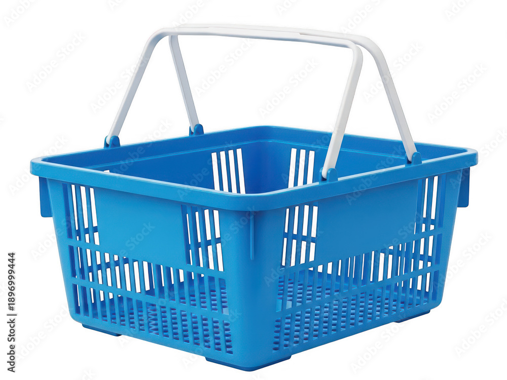 Fototapeta premium Bright blue empty plastic shopping basket with white handles, ready for grocery purchases or general retail use
