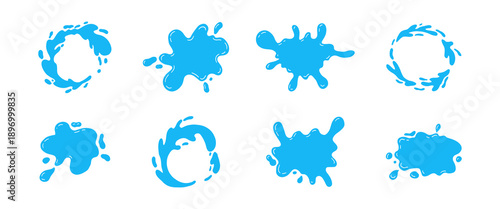 Water puddle splash frame, liquid shape with drops, abstract blob. Uneven wavy border edge set, paint, puddle, stain, rounded blot with splashes droplets.
