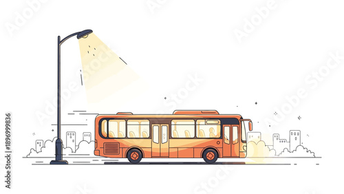Urban Transit Illuminated: A stylized illustration of a city bus gliding through a night scene, illuminated by a warm streetlight.