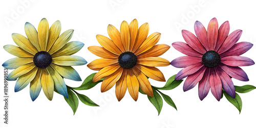 Three vibrant coneflowers in shades of yellow orange and pink against a black background