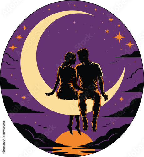 Romantic Couple Sitting on Crescent Moon: Dreamy Starry Night Vector.