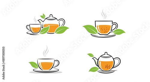 Set of four simple and elegant herbal tea icons featuring glass teapots and cups with fresh green leaves on a white background.