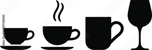 Black silhouettes of coffee cups and wine glass on white background Keywords: coffee, cup, mug, espresso, cappuccino, hot drink