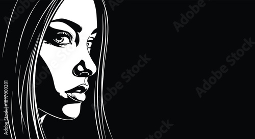 A high-contrast black and white graphic illustration of a beautiful woman's face with a mysterious and intense expression.
