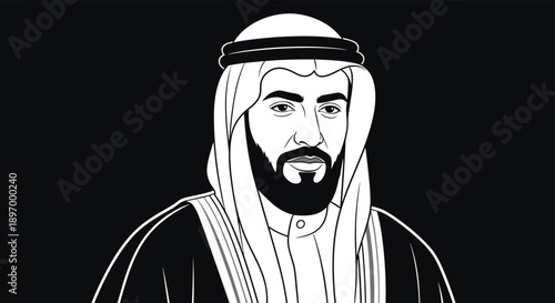 A black and white line art portrait of a handsome Arab man with a beard wearing a traditional keffiyeh and agal headdress.