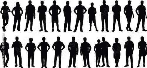 Collection of black silhouettes of adult men and women standing Keywords: silhouette, people, adult, man, woman, standing, pose
