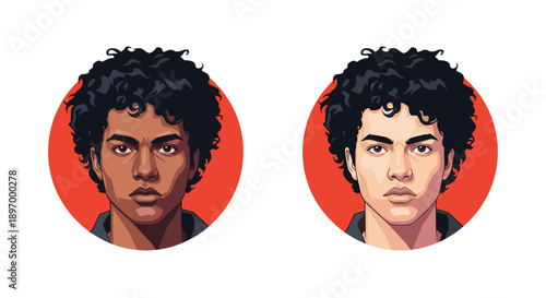 Vector portrait illustrations of a young handsome man with curly black hair, shown with two different skin tones for diversity.