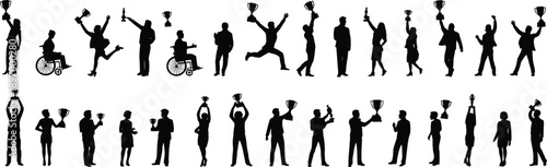 Collection of black silhouettes of people holding trophies and celebrating success woman