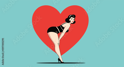 A retro pin-up style illustration of a beautiful girl in a vintage swimsuit posing seductively in front of a big red heart.