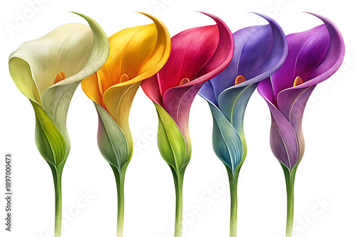 Elegant calla lilies in vibrant rainbow colors on a dark background