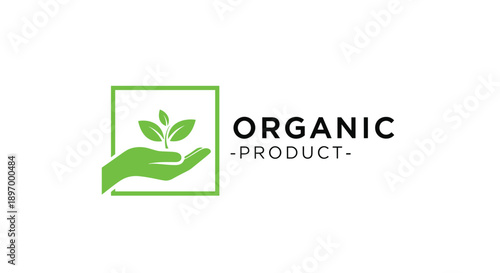 A clean and minimalist logo for an organic product, featuring a green hand holding a plant sprout inside a square frame.