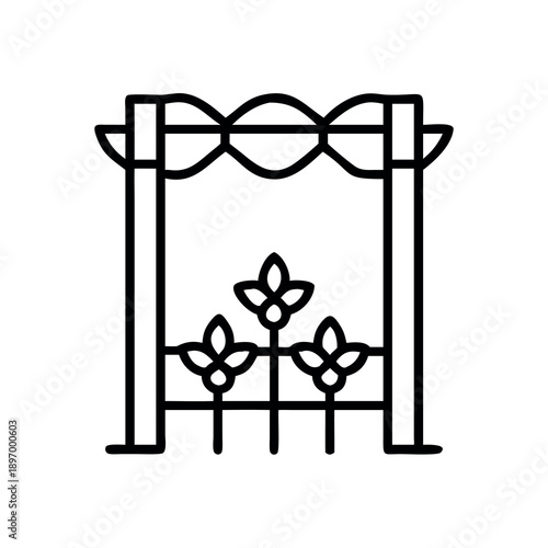 Line art icon of a garden trellis with blooming flowers, representing nature and beauty