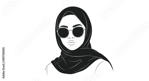 A minimalist black and white portrait of a stylish modern Muslim woman wearing a hijab and fashionable sunglasses.
