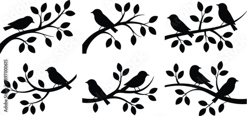 Silhouettes of Birds Perched on Tree Branches With Leaves untitled vector