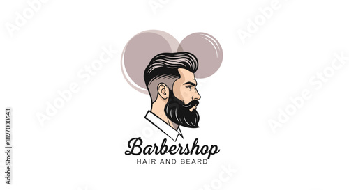 A vintage-style logo for a barbershop featuring a portrait of a stylish bearded man with a modern haircut and classic typography.