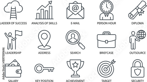 Business career line icons set, success, leadership, email, security, salary, achievement, target, briefcase, skills analysis illustration vector outline collection