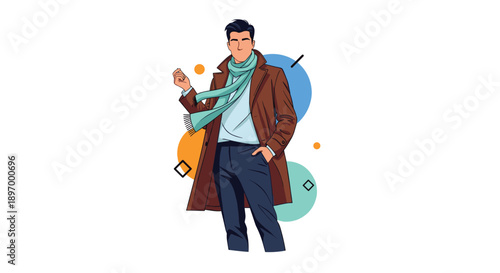 A full-length illustration of a handsome and stylish young man wearing a brown coat and a scarf, with abstract shapes background.