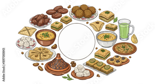 Middle Eastern Food Illustration, Traditional Arabic Cuisine Set with Baklava, Dates, Falafel, and Tagine for Ramadan Iftar and Cultural Feast