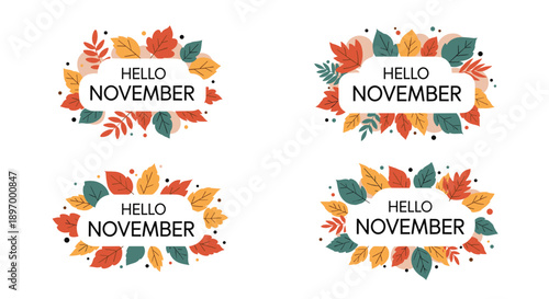 A set of four 'Hello November' banners and labels decorated with colorful autumn leaves in a modern flat design style.