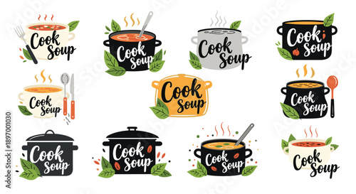 A collection of rustic, hand-drawn logos and labels for a soup kitchen or restaurant, with 'Cook Soup' typography and pots.