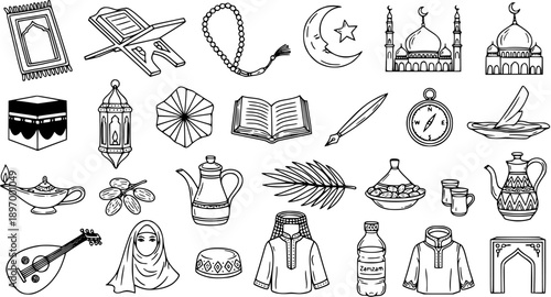 Islamic Culture Ramadan Icons - Black and White Line Art Set
