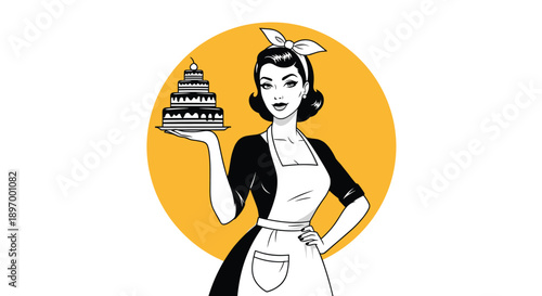 A retro pop art illustration of a beautiful 1950s housewife in an apron, proudly presenting a large homemade layer cake.