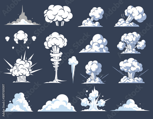 Vector smoke set special effects template. Cartoon steam clouds, puff, mist, fog, watery vapour or dust explosion. vector effect for game, animation, vector design