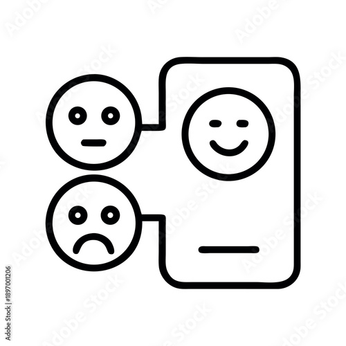 Outline illustration showing different emotions represented by faces connecting to a device, symbolizing customer feedback and sentiment analysis.