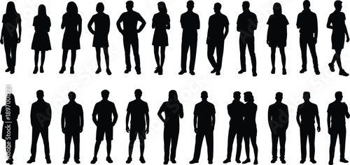 Silhouettes of Men and Women Standing in Two Rows untitled vector