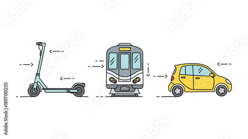 Transportation Trio: An illustration featuring a scooter, train, and car side-by-side, offering a glimpse into diverse transportation options. 