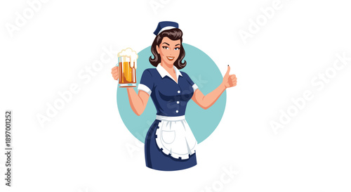 A charming retro illustration of a smiling waitress or beer maiden in uniform, holding a mug of beer and giving a thumbs up.