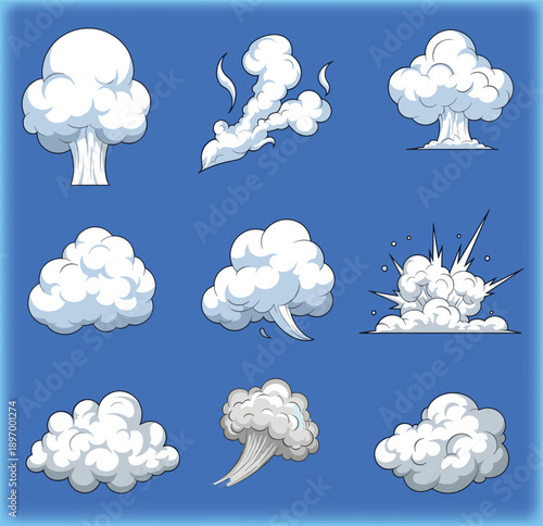 Smoke illustration set for special effects template. Steam clouds, mist, fume, fog, dust, explosion, element for animation