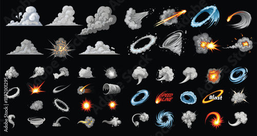 Smoke illustration set  for special effects template. Explosion, bomb,  steam clouds, mist, fume, fog, dust, dash,or  vapor vector Clipart element for animation