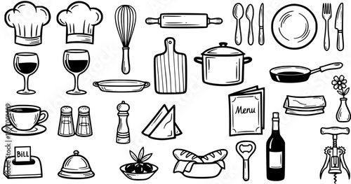 Hand-drawn Black and White Line Art Set of Food, Cooking, Kitchen Utensils, Dinnerware, and Restaurant Elements Icons