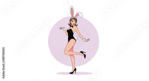 A sexy and playful illustration of a beautiful woman in a black bunny costume with ears, a tail, and high heels.