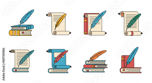 A collection of vintage-style icons featuring quill pens resting on scrolls and stacks of old books in various colors.