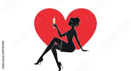 A glamorous silhouette of a woman in a short dress and high heels, sitting and toasting with a glass of champagne.