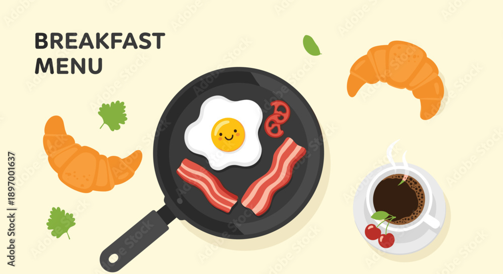 Fototapeta premium A cute and charming breakfast menu illustration with a fried egg, bacon, croissants, and coffee on a light yellow background.