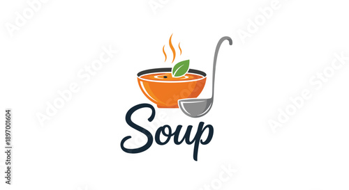 A simple and inviting logo for a soup restaurant or brand, featuring a steaming bowl of orange soup with a ladle.