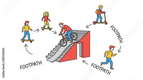 Youthful Pursuits: Active youngsters engage in diverse recreational activities along a footpath, showcasing a dynamic interplay of movement and youthful energy. 