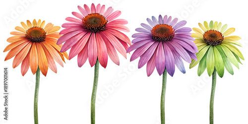 Vibrant daisy flowers in a row showcasing a full spectrum of colors against black