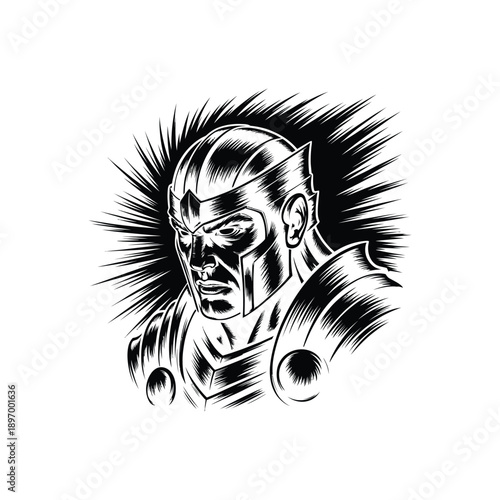Comic Book Style Warrior Portrait with Intense Gaze.