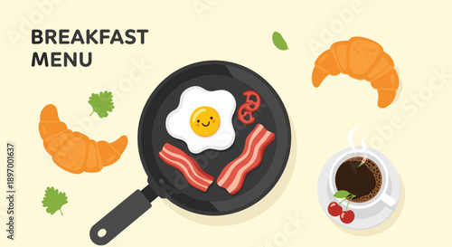 A cute and charming breakfast menu illustration with a fried egg, bacon, croissants, and coffee on a light yellow background.
