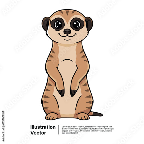 A cartoon meerkat stands upright on hind legs, smiling cheerfully with big eyes in a vector illustration.